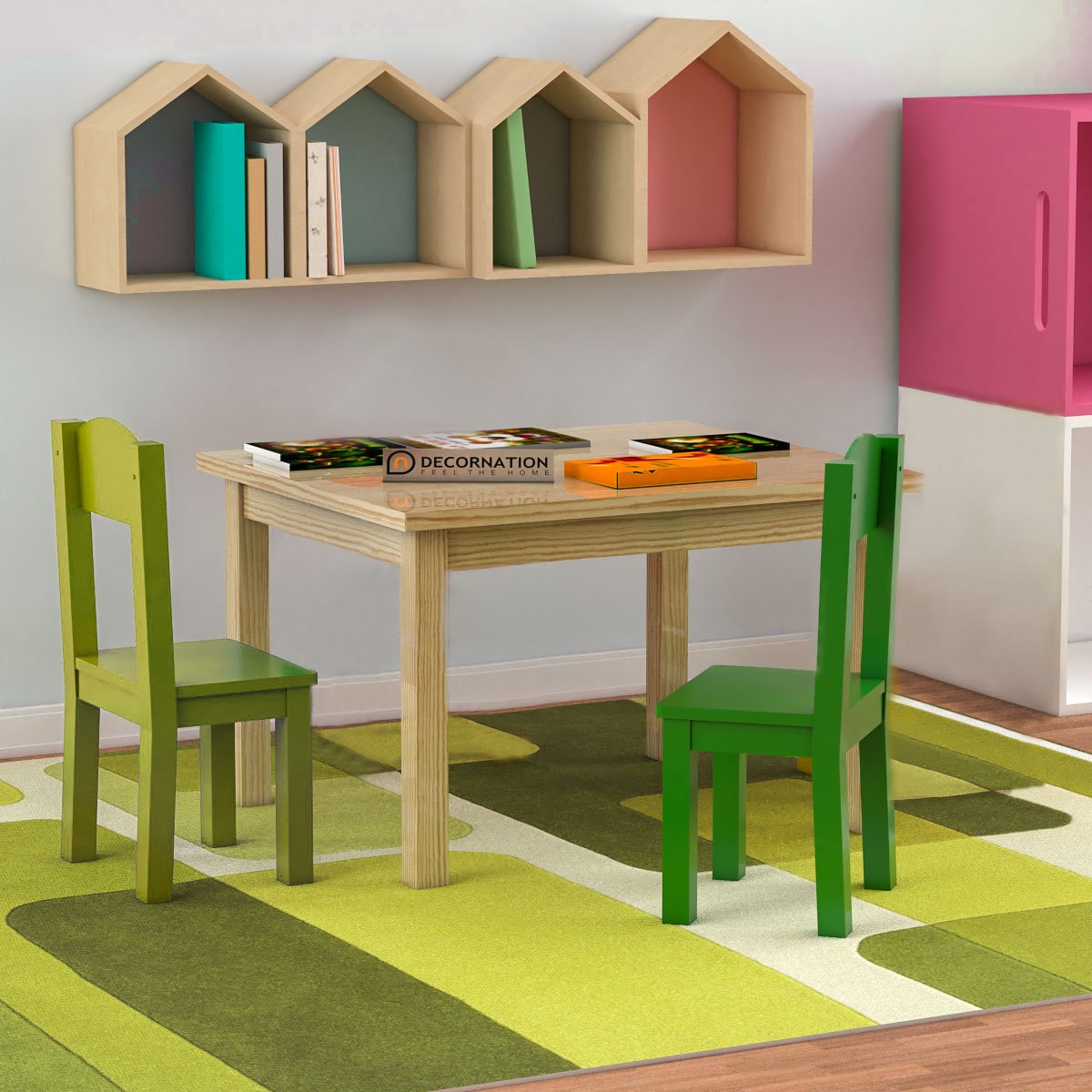 Judith Wood Table & Chairs (Kids Furniture) – 2 Seater, Green & Yellow