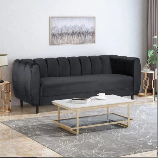Della 3 seater Faux Velvet Sofa Couch – Black