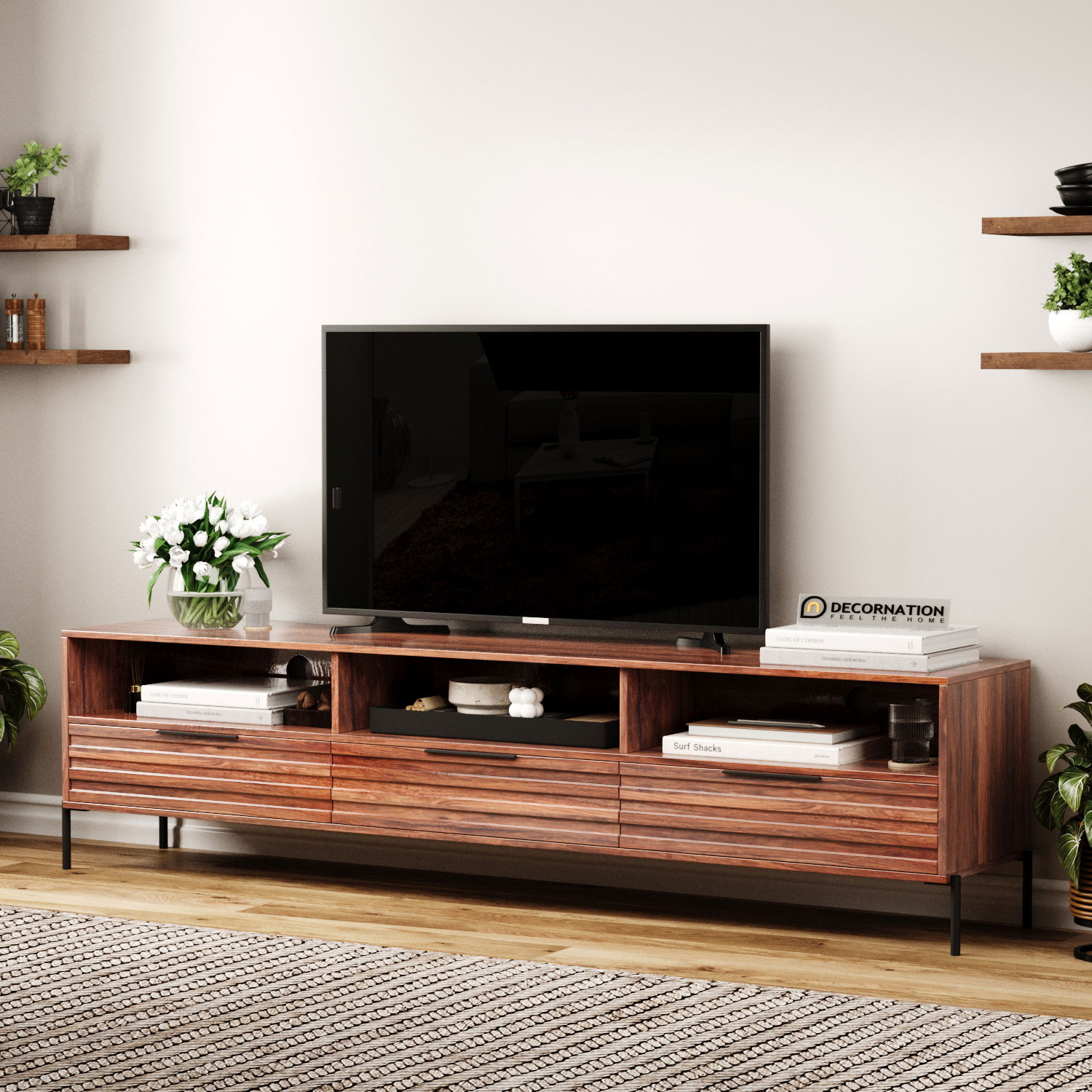 Ruvik Tv unit table with 3 open shelves and 3 drawers – Natural Wood finish