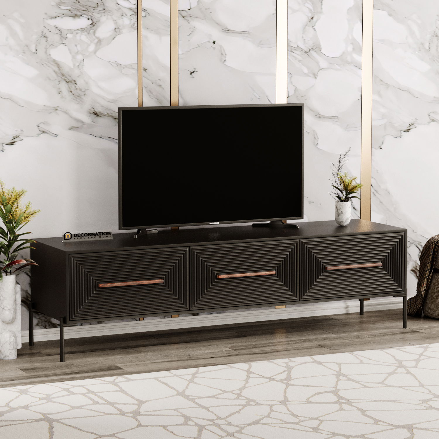 Astra TV Cabinet, Textured Doors with Golden Handles
