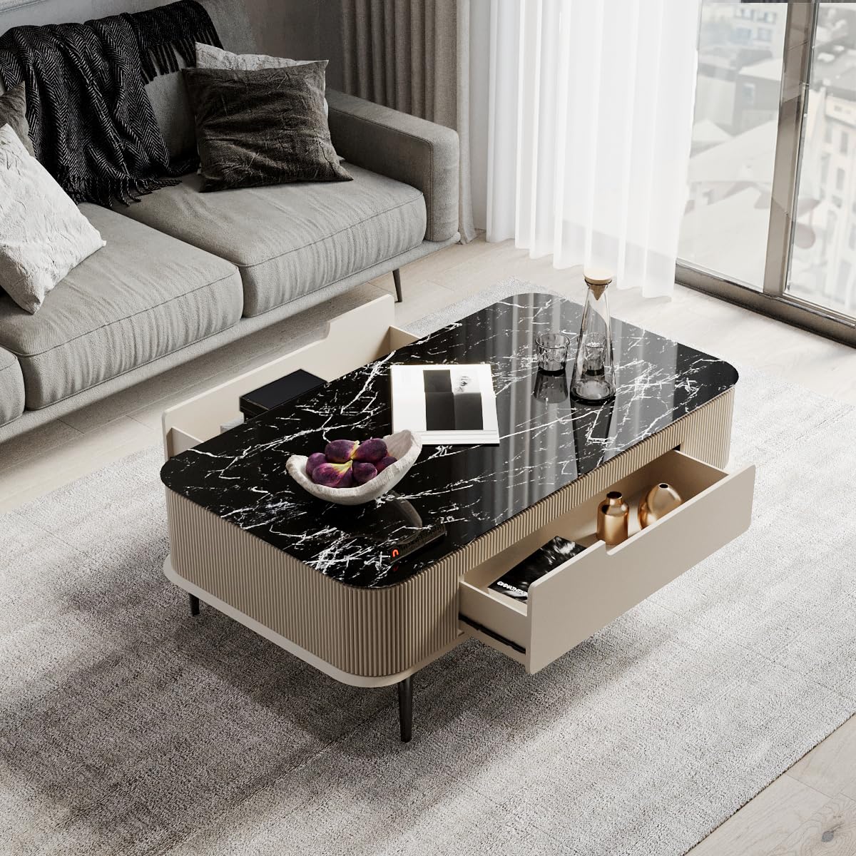 Valencia Faux Marble Coffee Table Blush Coral – Champagne Cream, 48*26*16 Inches (LxBxH)