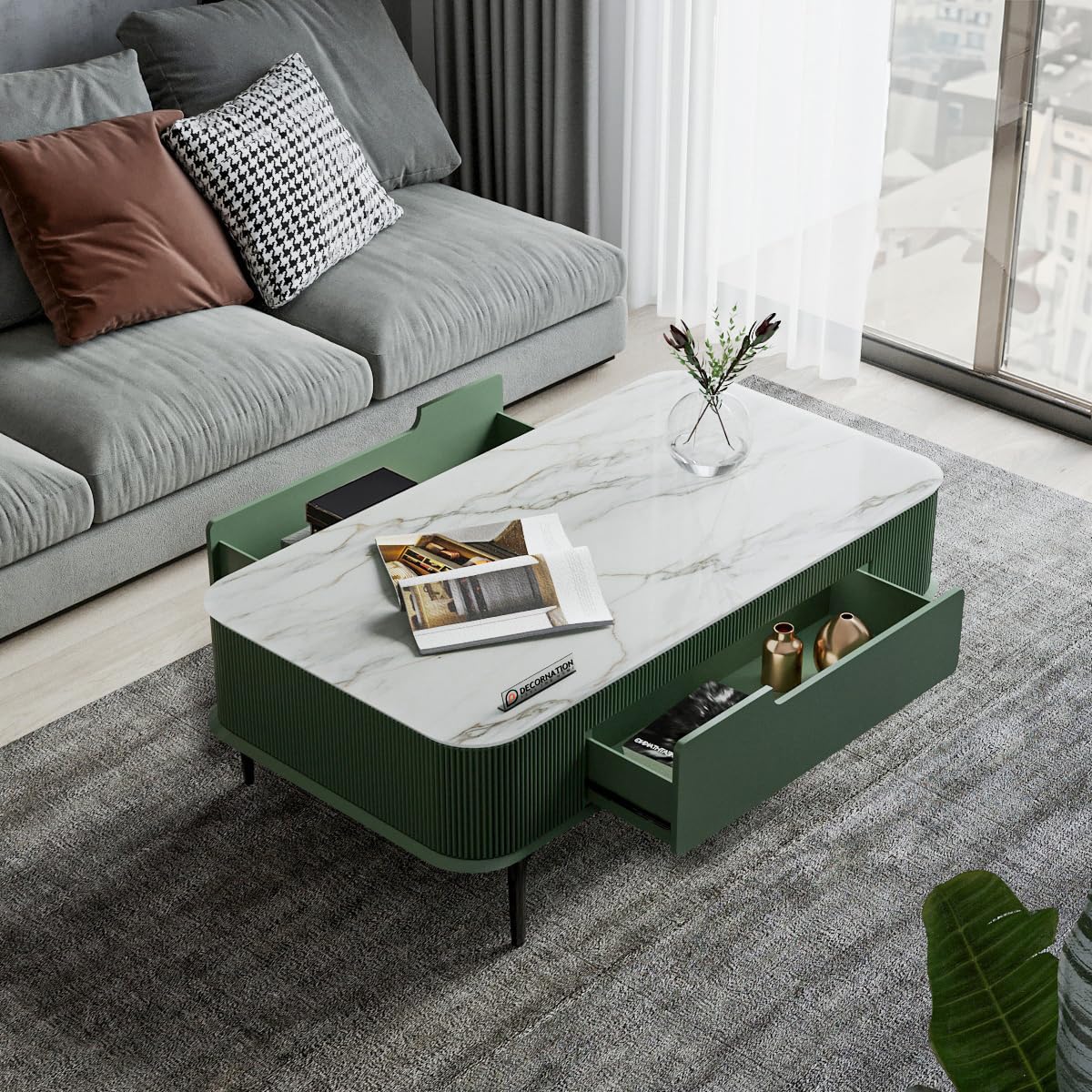 Valencia Faux Marble Coffee Table Blush Coral – Eucalyptus Mist, 48*26*16 Inches (LxBxH)